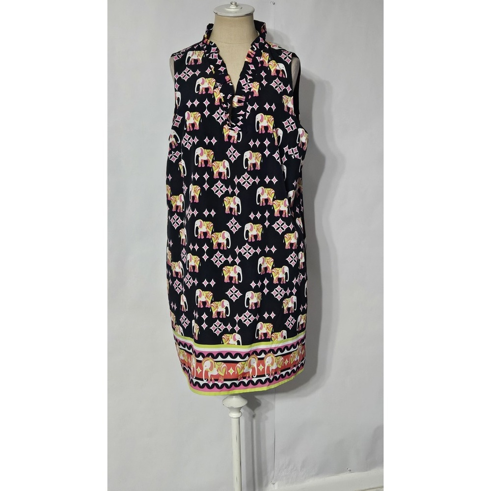 Crown & Ivy Blue Pink White Ruffle V-Neck Sleeveless Elephant Print Dress Sz 16